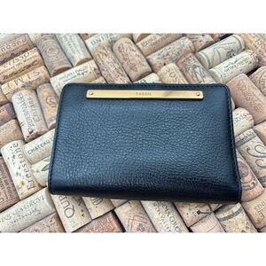 Fossil black pebbled leather bifold wallet with gold-tone details
